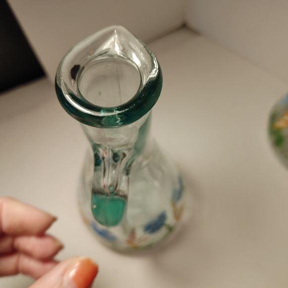 2 Green tinted Glass Hand Painted Vase or Cruet Italy - Picture 5 of 8